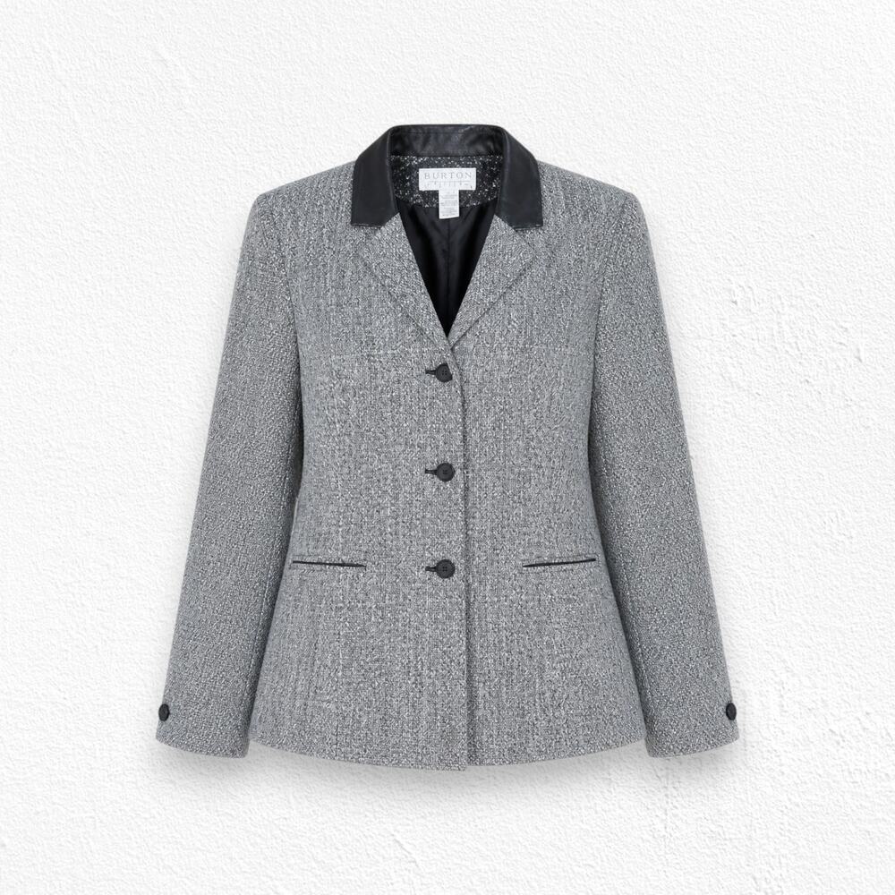 Vintage 90s Norton McNaughton Gray Boucle Tweed Herringbone Blazer Jacket Size 6